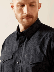 Ariat 10065962 Mens Finnigan Classic Fit Shirt Black front close up. If you need any assistance with this item or the purchase of this item please call us at five six one seven four eight eight eight zero one Monday through Saturday 10:00a.m EST to 8:00 p.m EST