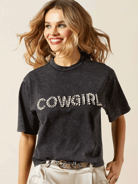 Ariat 10065990 Womens Cowgirl Pearl T-Shirt Washed Black front view. If you need any assistance with this item or the purchase of this item please call us at five six one seven four eight eight eight zero one Monday through Saturday 10:00a.m EST to 8:00 p.m EST
