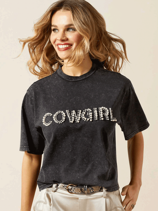 Ariat 10065990 Womens Cowgirl Pearl T-Shirt Washed Black front view. If you need any assistance with this item or the purchase of this item please call us at five six one seven four eight eight eight zero one Monday through Saturday 10:00a.m EST to 8:00 p.m EST
