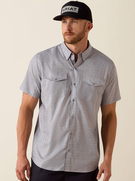 Ariat 10071044 Mens VentTEK Western Fitted Snap Short Sleeve Shirt Sky Rocket Silver front view. If you need any assistance with this item or the purchase of this item please call us at five six one seven four eight eight eight zero one Monday through Saturday 10:00a.m EST to 8:00 p.m EST
