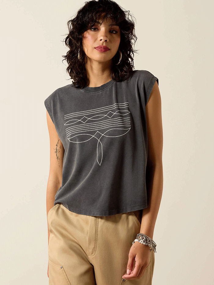 Ariat 10071109 Womens Dallas Cropped T-Shirt Charcoal Mineral wash. If you need any assistance with this item or the purchase of this item please call us at five six one seven four eight eight eight zero one Monday through Saturday 10:00a.m EST to 8:00 p.m EST