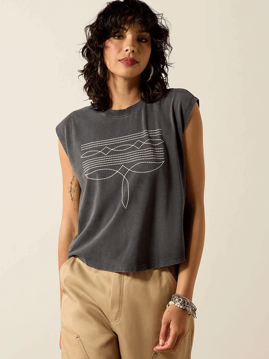 Ariat 10071109 Womens Dallas Cropped T-Shirt Charcoal Mineral wash. If you need any assistance with this item or the purchase of this item please call us at five six one seven four eight eight eight zero one Monday through Saturday 10:00a.m EST to 8:00 p.m EST