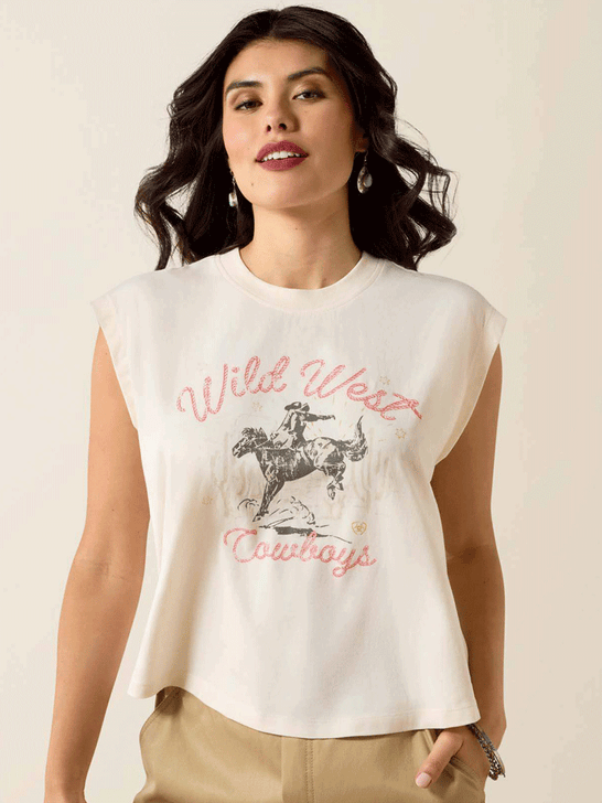 Ariat 10071110 Womens Wild West Cropped T-Shirt Sea Salt Ivory front view. If you need any assistance with this item or the purchase of this item please call us at five six one seven four eight eight eight zero one Monday through Saturday 10:00a.m EST to 8:00 p.m EST
