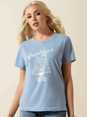 Ariat 10071112 Womens Lucky Dreams T-Shirt Ashleigh Blue front view. If you need any assistance with this item or the purchase of this item please call us at five six one seven four eight eight eight zero one Monday through Saturday 10:00a.m EST to 8:00 p.m EST