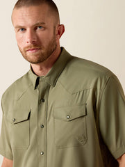 Ariat 10071257 Mens Western VentTEK Classic Fit Shirt Deep Lichen Green front close up. If you need any assistance with this item or the purchase of this item please call us at five six one seven four eight eight eight zero one Monday through Saturday 10:00a.m EST to 8:00 p.m EST