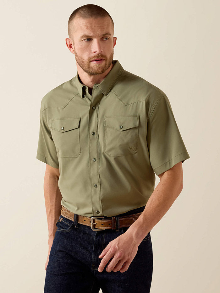 Ariat 10071257 Mens Western VentTEK Classic Fit Shirt Deep Lichen Green front view. If you need any assistance with this item or the purchase of this item please call us at five six one seven four eight eight eight zero one Monday through Saturday 10:00a.m EST to 8:00 p.m EST