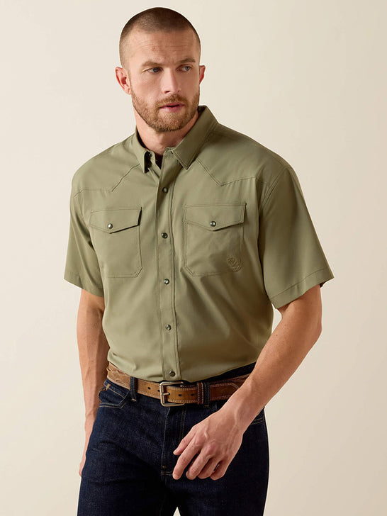 Ariat 10071257 Mens Western VentTEK Classic Fit Shirt Deep Lichen Green front view. If you need any assistance with this item or the purchase of this item please call us at five six one seven four eight eight eight zero one Monday through Saturday 10:00a.m EST to 8:00 p.m EST
