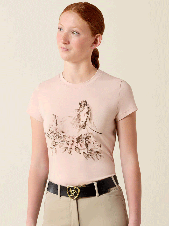 Ariat 10071345 Youth Ethereal Equine T-Shirt Sepia Rose front view. If you need any assistance with this item or the purchase of this item please call us at five six one seven four eight eight eight zero one Monday through Saturday 10:00a.m EST to 8:00 p.m EST
