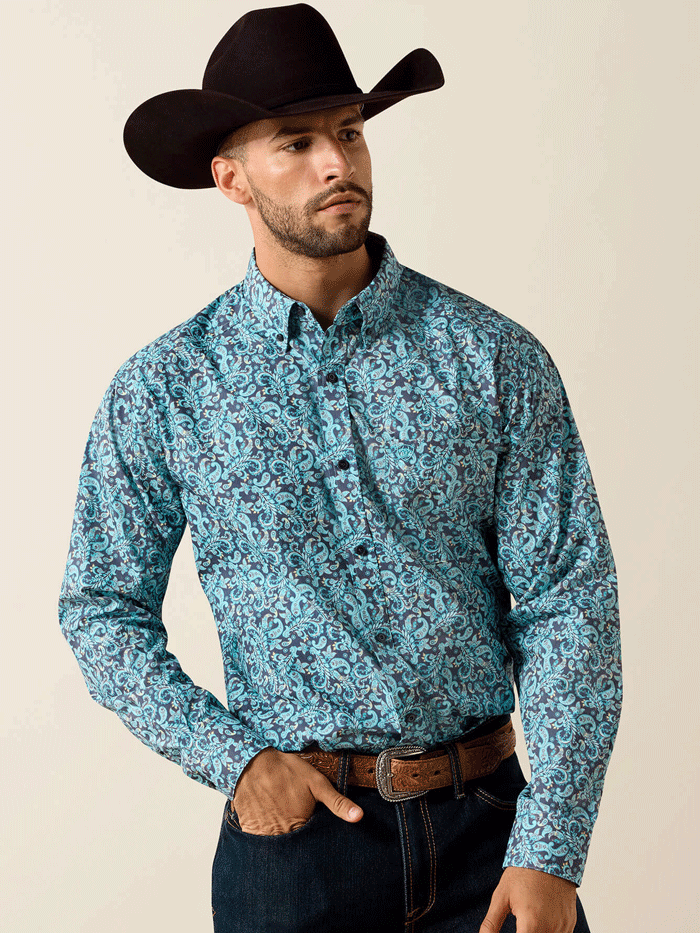 Ariat 10071602 Mens Phelps Classic Fit Shirt Paisley Print Blue front view. If you need any assistance with this item or the purchase of this item please call us at five six one seven four eight eight eight zero one Monday through Saturday 10:00a.m EST to 8:00 p.m EST
