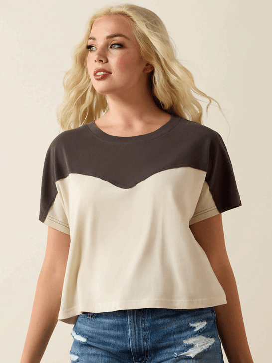 Ariat 10071653 Womens Lucky Yoke Crop T-Shirt Summer Sand front view. If you need any assistance with this item or the purchase of this item please call us at five six one seven four eight eight eight zero one Monday through Saturday 10:00a.m EST to 8:00 p.m EST
