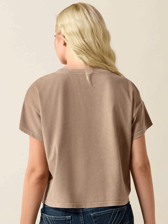 Ariat 10071655 Womens Paisley Boxy Crop T-Shirt Tan back view. If you need any assistance with this item or the purchase of this item please call us at five six one seven four eight eight eight zero one Monday through Saturday 10:00a.m EST to 8:00 p.m EST