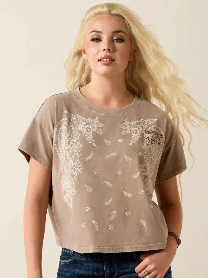 Ariat 10071655 Womens Paisley Boxy Crop T-Shirt Tan front view. If you need any assistance with this item or the purchase of this item please call us at five six one seven four eight eight eight zero one Monday through Saturday 10:00a.m EST to 8:00 p.m EST