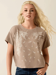 Ariat 10071655 Womens Paisley Boxy Crop T-Shirt Tan front view. If you need any assistance with this item or the purchase of this item please call us at five six one seven four eight eight eight zero one Monday through Saturday 10:00a.m EST to 8:00 p.m EST
