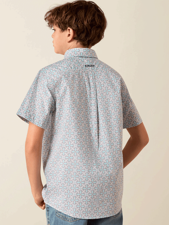 Ariat 10071676 Youth Pier Short Sleeve Shirt Southwest Print Light Blue back view. If you need any assistance with this item or the purchase of this item please call us at five six one seven four eight eight eight zero one Monday through Saturday 10:00a.m EST to 8:00 p.m EST