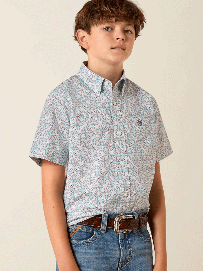 Ariat 10071676 Youth Pier Short Sleeve Shirt Southwest Print Light Blue front view. If you need any assistance with this item or the purchase of this item please call us at five six one seven four eight eight eight zero one Monday through Saturday 10:00a.m EST to 8:00 p.m EST
