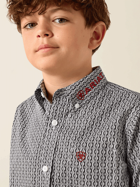 Ariat 10071689 Youth Team Ward Long Sleeve Shirt Black collar close up. If you need any assistance with this item or the purchase of this item please call us at five six one seven four eight eight eight zero one Monday through Saturday 10:00a.m EST to 8:00 p.m EST