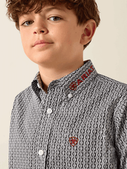 Ariat 10071689 Youth Team Ward Long Sleeve Shirt Black collar close up. If you need any assistance with this item or the purchase of this item please call us at five six one seven four eight eight eight zero one Monday through Saturday 10:00a.m EST to 8:00 p.m EST