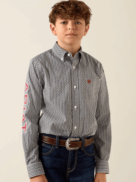 Ariat 10071689 Youth Team Ward Long Sleeve Shirt Black front view. If you need any assistance with this item or the purchase of this item please call us at five six one seven four eight eight eight zero one Monday through Saturday 10:00a.m EST to 8:00 p.m EST
