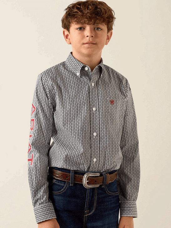 Ariat 10071689 Youth Team Ward Long Sleeve Shirt Black front view. If you need any assistance with this item or the purchase of this item please call us at five six one seven four eight eight eight zero one Monday through Saturday 10:00a.m EST to 8:00 p.m EST
