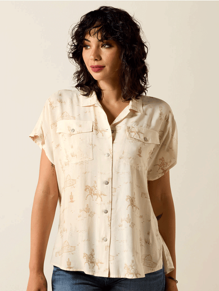 Ariat 10071695 Womens Badlands Short Sleeve Shirt Natural front view. If you need any assistance with this item or the purchase of this item please call us at five six one seven four eight eight eight zero one Monday through Saturday 10:00a.m EST to 8:00 p.m EST
