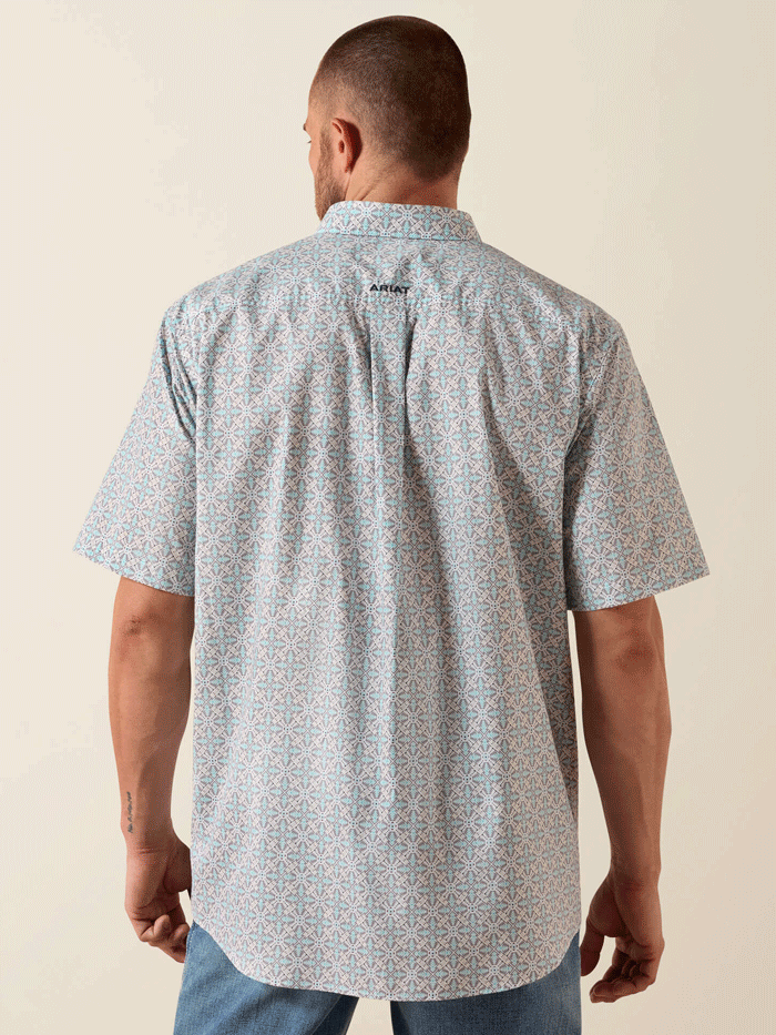 Ariat 10071730 Mens Pier Classic Fit Short Sleeve Shirt Southwest Print Light Blue front view. If you need any assistance with this item or the purchase of this item please call us at five six one seven four eight eight eight zero one Monday through Saturday 10:00a.m EST to 8:00 p.m EST
