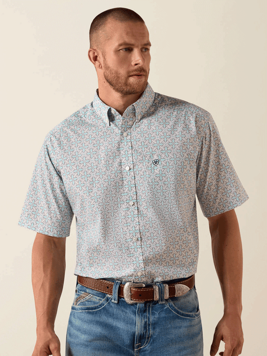 Ariat 10071730 Mens Pier Classic Fit Short Sleeve Shirt Southwest Print Light Blue front view. If you need any assistance with this item or the purchase of this item please call us at five six one seven four eight eight eight zero one Monday through Saturday 10:00a.m EST to 8:00 p.m EST
