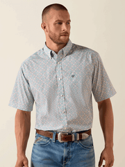 Ariat 10071730 Mens Pier Classic Fit Short Sleeve Shirt Southwest Print Light Blue front view. If you need any assistance with this item or the purchase of this item please call us at five six one seven four eight eight eight zero one Monday through Saturday 10:00a.m EST to 8:00 p.m EST
