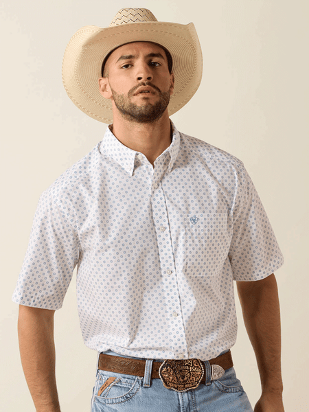 Ariat 10071733 Mens Tenzin Classic Fit Short Sleeve Shirt Medallion Print White front view. If you need any assistance with this item or the purchase of this item please call us at five six one seven four eight eight eight zero one Monday through Saturday 10:00a.m EST to 8:00 p.m EST

