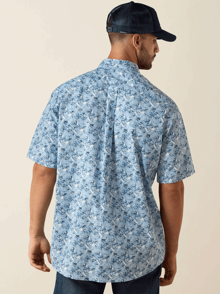 Ariat 10071734 Mens Tim Classic Fit Short Sleeve Shirt Leaf Print Blue back view. If you need any assistance with this item or the purchase of this item please call us at five six one seven four eight eight eight zero one Monday through Saturday 10:00a.m EST to 8:00 p.m EST
