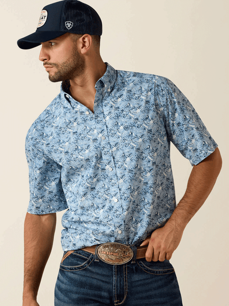 Ariat 10071734 Mens Tim Classic Fit Short Sleeve Shirt Leaf Print Blue front view. If you need any assistance with this item or the purchase of this item please call us at five six one seven four eight eight eight zero one Monday through Saturday 10:00a.m EST to 8:00 p.m EST
