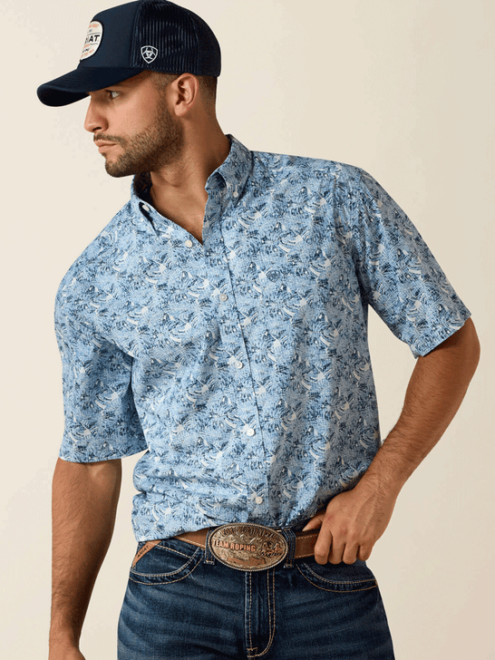 Ariat 10071734 Mens Tim Classic Fit Short Sleeve Shirt Leaf Print Blue front view. If you need any assistance with this item or the purchase of this item please call us at five six one seven four eight eight eight zero one Monday through Saturday 10:00a.m EST to 8:00 p.m EST
