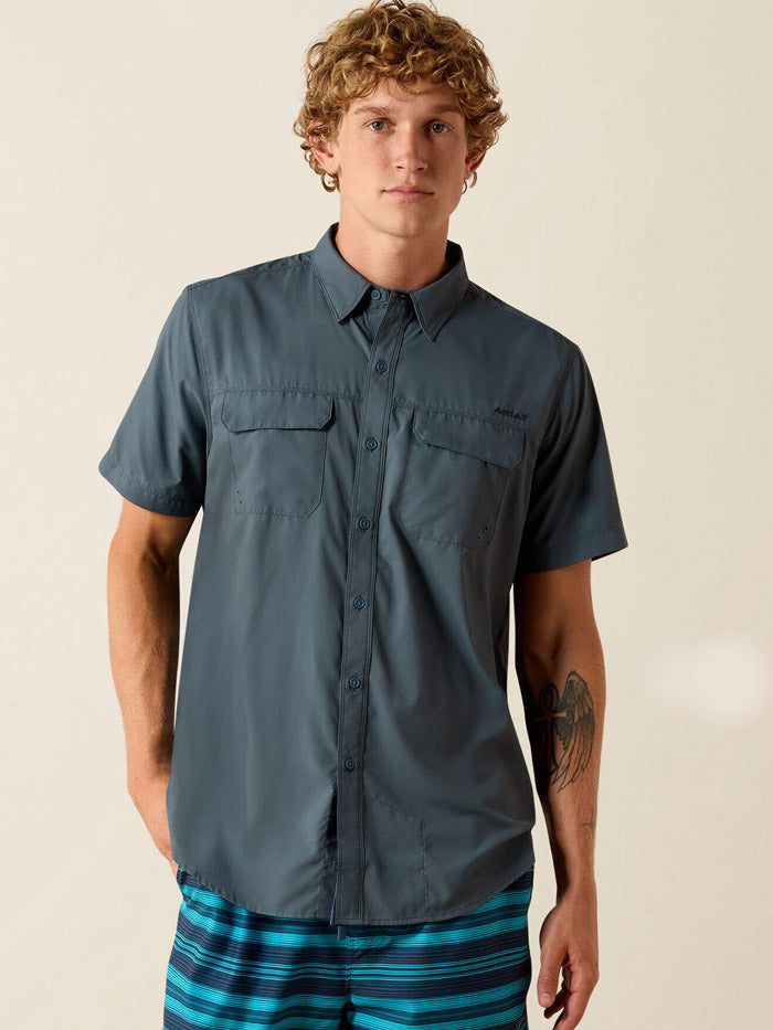 Ariat 10071761 Mens VentTEK Outbound Fitted Short Sleeve Shirt Dark Slate front view. If you need any assistance with this item or the purchase of this item please call us at five six one seven four eight eight eight zero one Monday through Saturday 10:00a.m EST to 8:00 p.m EST
