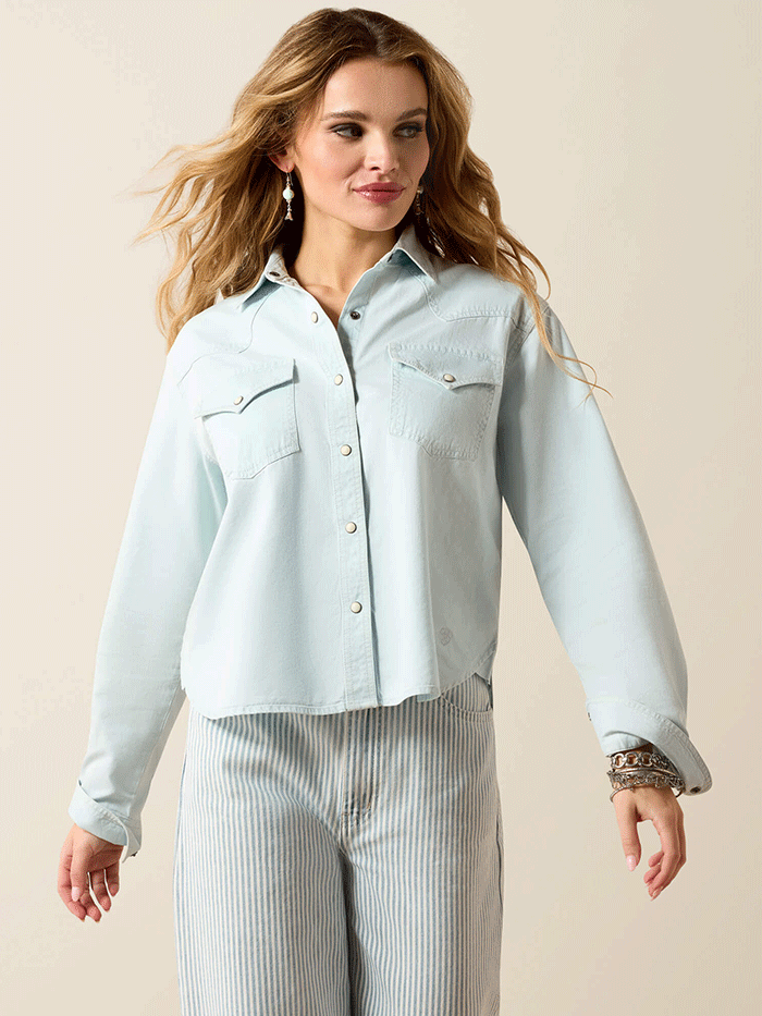 Ariat 10071774 Womens Asheville Snap Shirt Light Blue front view. If you need any assistance with this item or the purchase of this item please call us at five six one seven four eight eight eight zero one Monday through Saturday 10:00a.m EST to 8:00 p.m EST