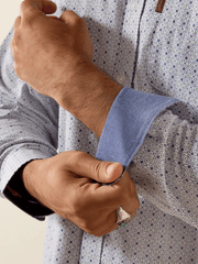 Ariat 10072728 Mens Mercer Modern Fit Shirt Geo Cube Print Silver Grey cuff view. If you need any assistance with this item or the purchase of this item please call us at five six one seven four eight eight eight zero one Monday through Saturday 10:00a.m EST to 8:00 p.m EST