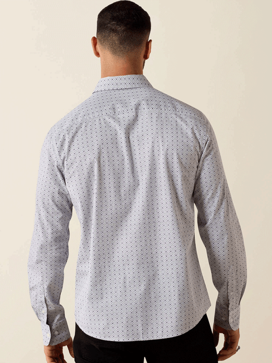 Ariat 10072728 Mens Mercer Modern Fit Shirt Geo Cube Print Silver Grey back view. If you need any assistance with this item or the purchase of this item please call us at five six one seven four eight eight eight zero one Monday through Saturday 10:00a.m EST to 8:00 p.m EST
