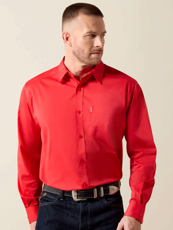 Ariat 10072736 Mens Everything Classic Fit Long Sleeve Shirt Scarlet Red front view. If you need any assistance with this item or the purchase of this item please call us at five six one seven four eight eight eight zero one Monday through Saturday 10:00a.m EST to 8:00 p.m EST