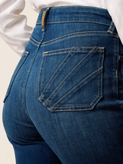 Ariat 10072972 Womens Mid Rise Fiona Boot Cut Jeans Istanbul Navy back close up view. If you need any assistance with this item or the purchase of this item please call us at five six one seven four eight eight eight zero one Monday through Saturday 10:00a.m EST to 8:00 p.m EST
