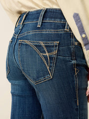 Ariat 10072972 Womens Mid Rise Fiona Boot Cut Jeans Istanbul Navy back close up view. If you need any assistance with this item or the purchase of this item please call us at five six one seven four eight eight eight zero one Monday through Saturday 10:00a.m EST to 8:00 p.m EST