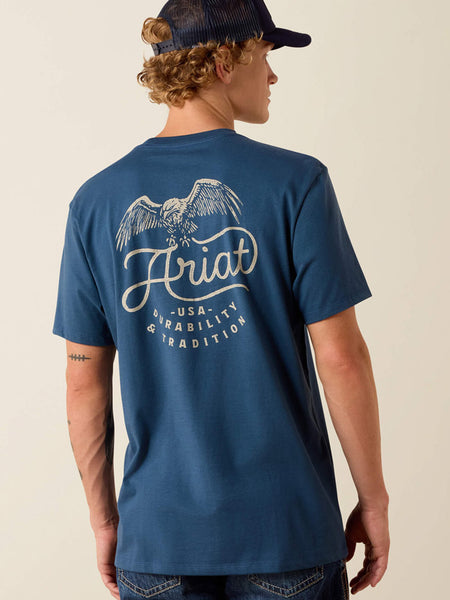 Ariat 10073417 Mens Drop Down Eagle Classic Fit T-Shirt Key Largo Blue 
back view. If you need any assistance with this item or the purchase of this item please call us at five six one seven four eight eight eight zero one Monday through Saturday 10:00a.m EST to 8:00 p.m EST