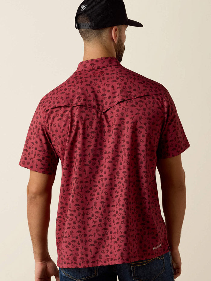 Ariat 10073425 Mens Printed VentTEK Western Yoke Classic Fit Snap Shirt Desert Creatures Print Rhubarb front view. If you need any assistance with this item or the purchase of this item please call us at five six one seven four eight eight eight zero one Monday through Saturday 10:00a.m EST to 8:00 p.m EST

