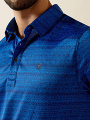 Ariat 10073434 Mens All Over Print Fitted Polo Blue close up view. If you need any assistance with this item or the purchase of this item please call us at five six one seven four eight eight eight zero one Monday through Saturday 10:00a.m EST to 8:00 p.m EST