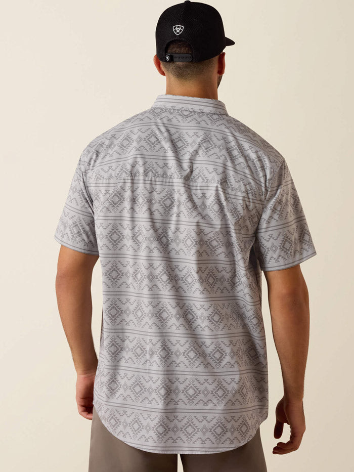 Ariat 10073439 Mens Printed 360 Airflow Classic Fit Short Sleeve Shirt Sleet front view. If you need any assistance with this item or the purchase of this item please call us at five six one seven four eight eight eight zero one Monday through Saturday 10:00a.m EST to 8:00 p.m EST
