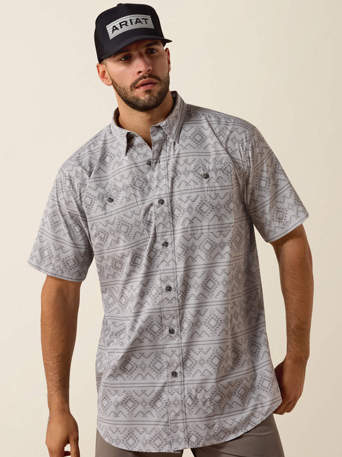 Ariat 10073439 Mens Printed 360 Airflow Classic Fit Short Sleeve Shirt Sleet front view. If you need any assistance with this item or the purchase of this item please call us at five six one seven four eight eight eight zero one Monday through Saturday 10:00a.m EST to 8:00 p.m EST
