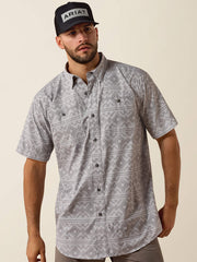 Ariat 10073439 Mens Printed 360 Airflow Classic Fit Short Sleeve Shirt Sleet front view. If you need any assistance with this item or the purchase of this item please call us at five six one seven four eight eight eight zero one Monday through Saturday 10:00a.m EST to 8:00 p.m EST
