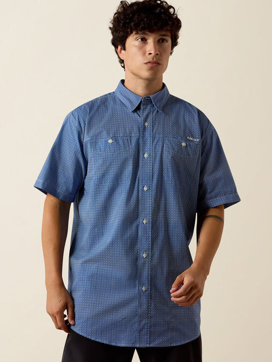 Ariat 10073440 Mens Printed 360 Airflow Classic Fit Short Sleeve Shirt Blue Quartz front view. If you need any assistance with this item or the purchase of this item please call us at five six one seven four eight eight eight zero one Monday through Saturday 10:00a.m EST to 8:00 p.m EST
