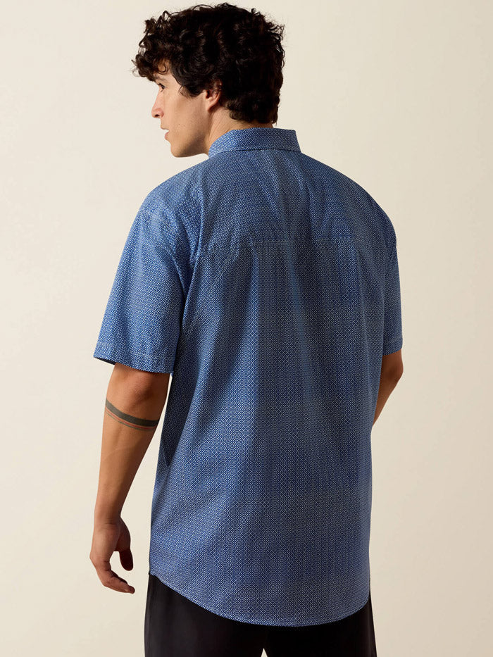 Ariat 10073440 Mens Printed 360 Airflow Classic Fit Short Sleeve Shirt Blue Quartz front view. If you need any assistance with this item or the purchase of this item please call us at five six one seven four eight eight eight zero one Monday through Saturday 10:00a.m EST to 8:00 p.m EST
