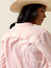 Ariat 10073444 Womens VentTEK Long Sleeve Shirt Peach Stripe back close up. If you need any assistance with this item or the purchase of this item please call us at five six one seven four eight eight eight zero one Monday through Saturday 10:00a.m EST to 8:00 p.m EST