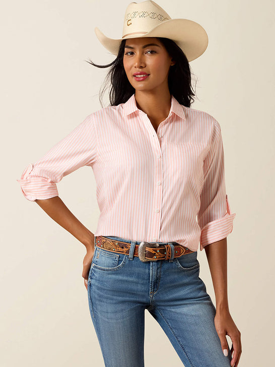 Ariat 10073444 Womens VentTEK Long Sleeve Shirt Peach Stripe front view. If you need any assistance with this item or the purchase of this item please call us at five six one seven four eight eight eight zero one Monday through Saturday 10:00a.m EST to 8:00 p.m EST