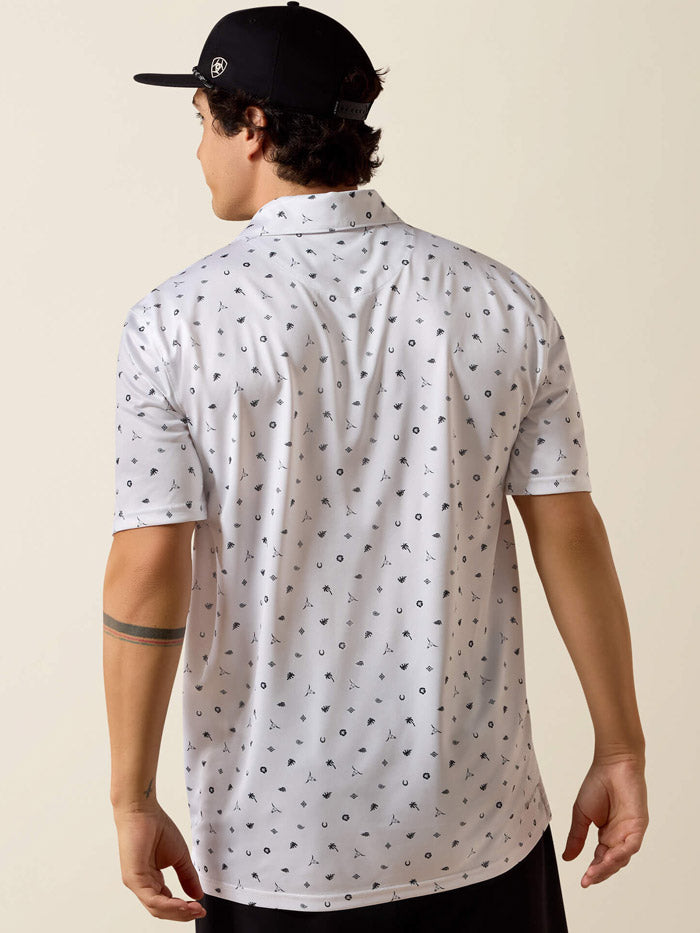 Ariat 10073470 Mens All Over Western Toss Print Polo White front view. If you need any assistance with this item or the purchase of this item please call us at five six one seven four eight eight eight zero one Monday through Saturday 10:00a.m EST to 8:00 p.m EST
