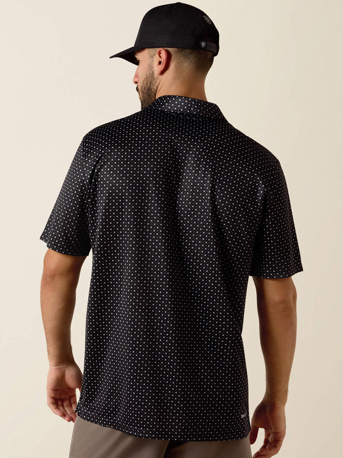 Ariat 10073472 Mens All Over Mini Star Print Polo Black front view. If you need any assistance with this item or the purchase of this item please call us at five six one seven four eight eight eight zero one Monday through Saturday 10:00a.m EST to 8:00 p.m EST
